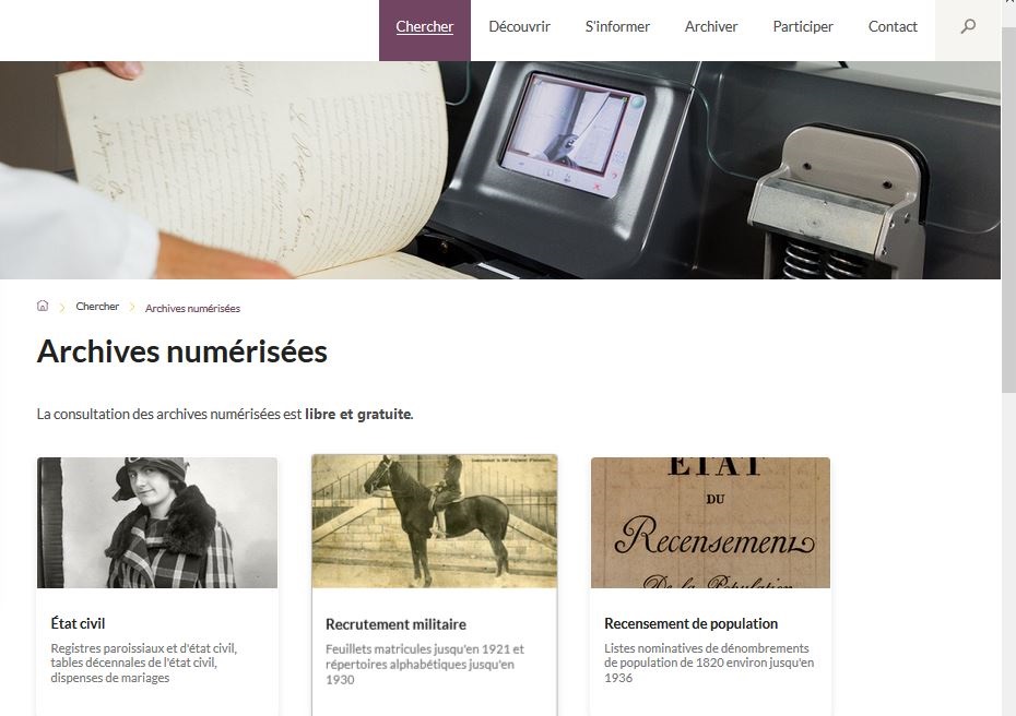 Accéder aux archives numérisées Rechercher dans les archives numérisées Aide S'informer
