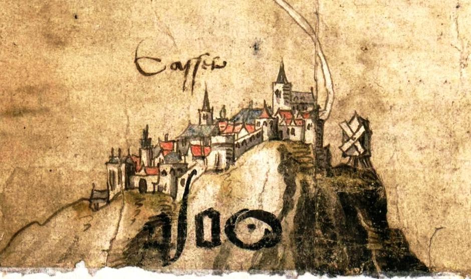 Dessin en couleur montrant une ville moyennageuse perchée sur une colline.