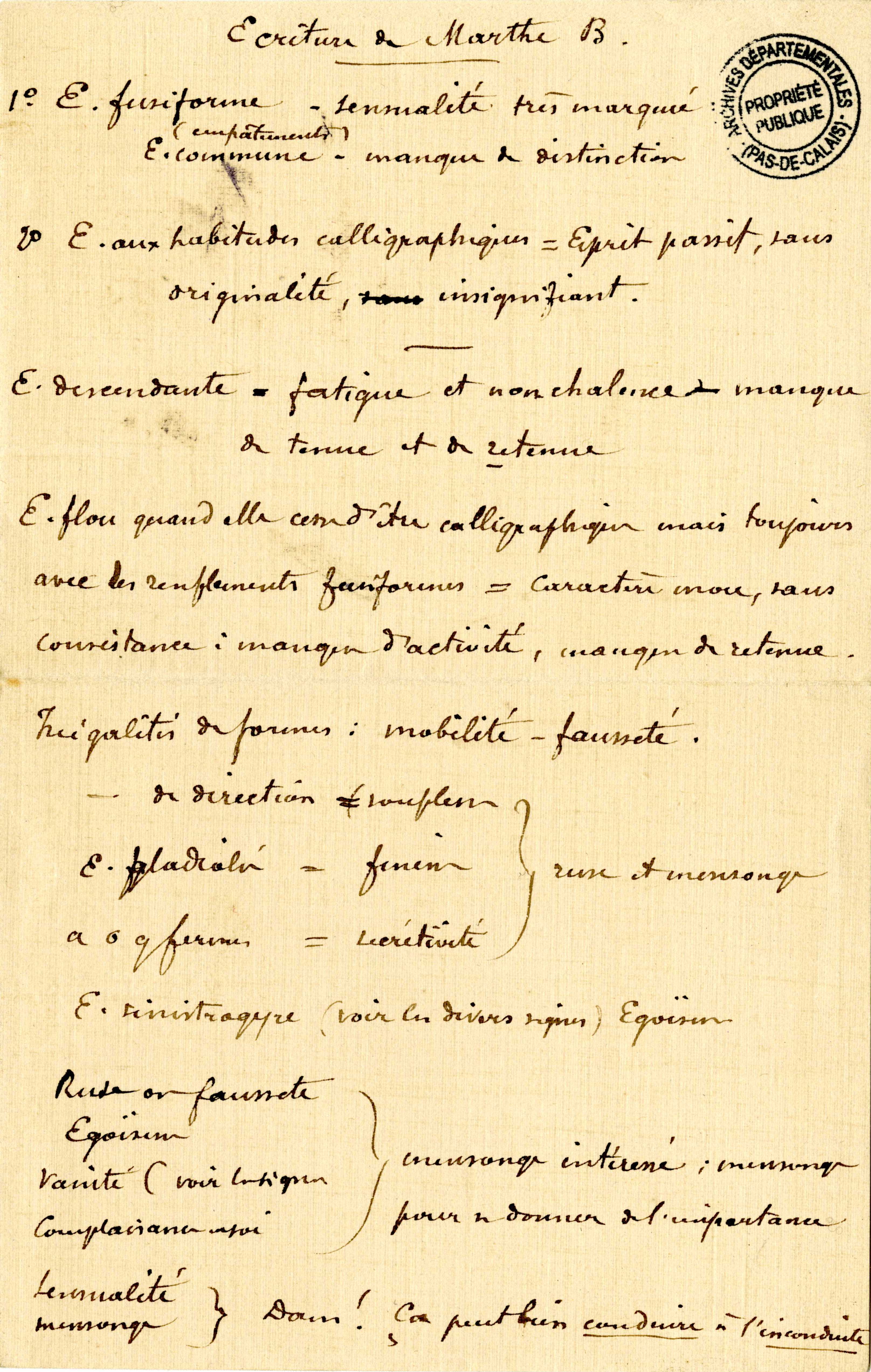 Document manuscrit sur lequel on lit "Écriture de Marthe B. 1. E. fusiforme. Sensualité très marquée (empâtements). E. commune, manque de distinction. 2. E. aux habitudes calligraphiques : esprit passif, sans originalité, insignifiant. E. descendante : fatigue et nonchalance, manque de tenue et de retenue. E. floue quand elle cesse d'être calligraphique mais toujours avec des renflements fusiformes : caractère mou, sans consistance : manque d'activité, manque de retenue. Inégalités de formes : mobilité, fausseté. Inégalités de direction : pas de souplesse. E. gladiolée : finesse ; a, o et q fermes : secrétivité ; [le tout montre] ruse et mensonge. E. sinistrogyre (voir les divers signes) : égoïsme. Ruse ou fausseté, égoïsme, vanité (voir indigne complaisance en soi) : mensonge intéressé ; mensonge pour se donner de l'importance. Sensualité, mensonge : [...] ça peut bien conduire à l'inconduite".