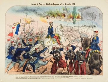 Gravure couleur montrant des soldats sur un champ de bataille.