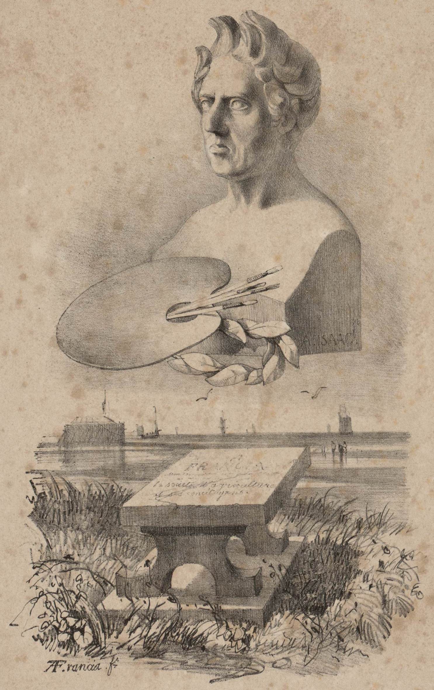 Gravure montrant un buste d'homme aux côtés d'une palette de peinture et d'une couronne de laurier. En-dessous, une stèle funéraire surplombe une plage.