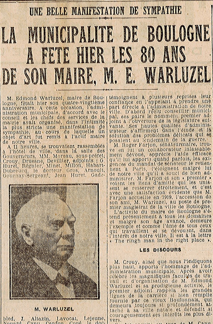 Article de presse dont li titre est : "Une belle manifestation de sympathie. La municipalité de Boulogne a fêté hier les 80 ans de son maire, M. Edmond Warluzel". L'article est accompagné d'un portrait noir et blanc d'un homme tourné de trois-quart.