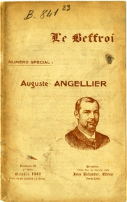 Couverture d'une publication portant comme illustration le buste d'Auguste Angellier. On lit également "Le Beffroi. Numéro spécial : Auguste Angellier. Fascicule 38, 4e année, octobre 1903, prix de ce numéro : 1 franc. Direction : 58 bis, rue du Marché, Lille. Jules Tallandier, éditeur, Paris-Lille".