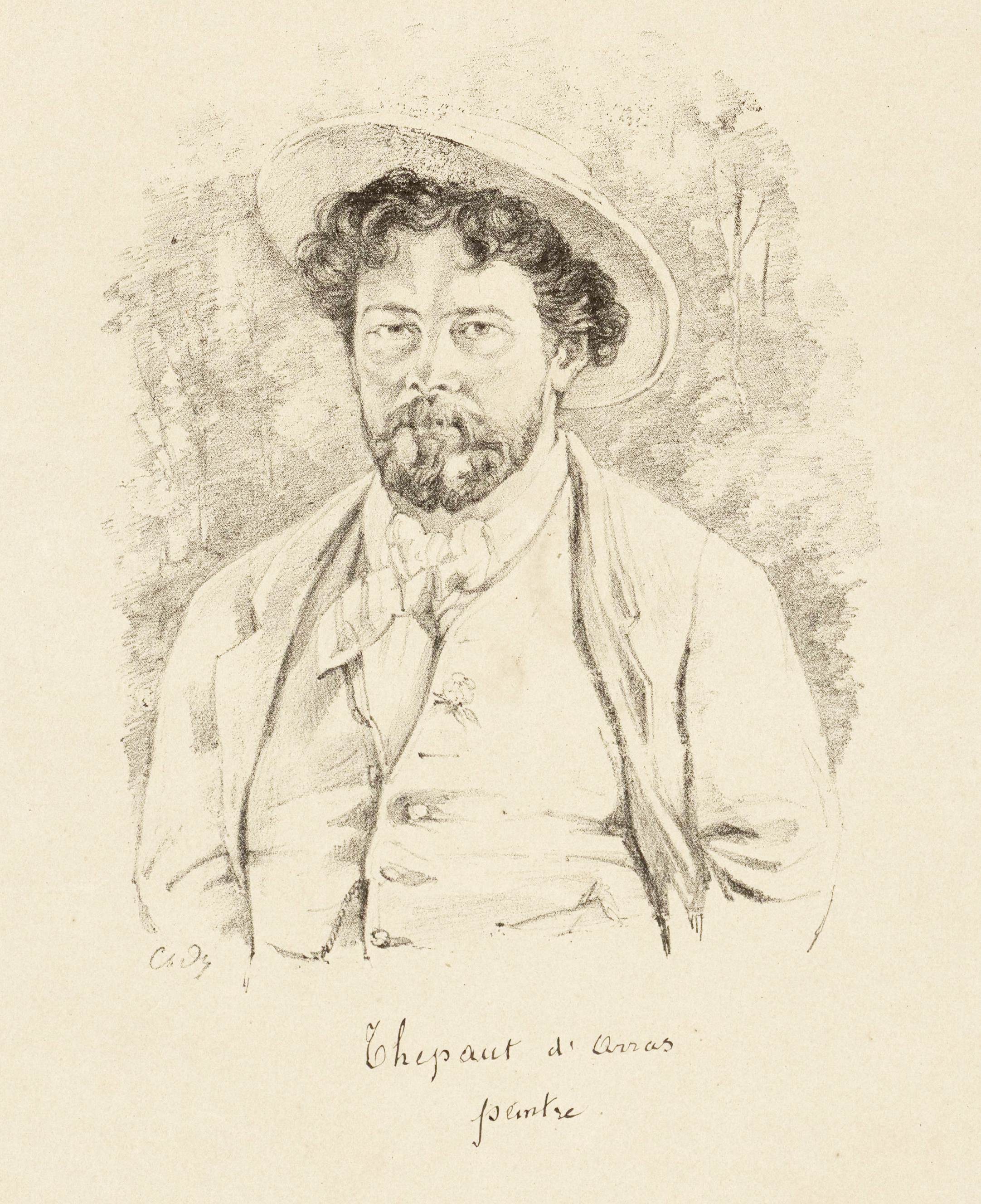 Gravure monochrome montrant un homme barbu portant un chapeau de paille.