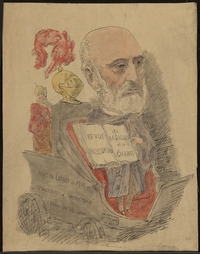 Dessin sur calque, encre de chine et aquarelle, représentant un vieil homme à la barbe blanche tenant un livre, assis dans une charette surmontée d'un heaume.