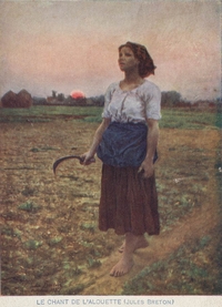 Huile représentant une paysanne tenant une faucille, pieds nus dans un champ, au coucher du soleil.