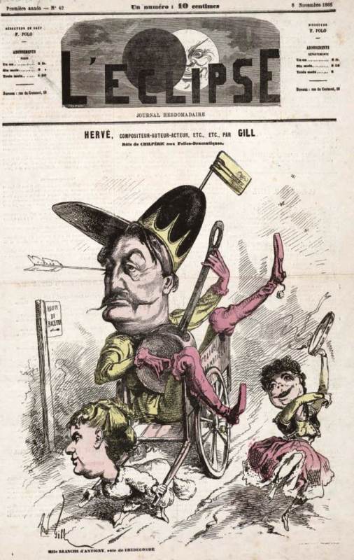 Caricature en couleurs d'Hervé portant un habit de ménestrel et jouant du luth, coiffé d'une casquette sur laquelle est planté une crécelle. Il se trouve dans une charrette tirée par Mademoiselle Blanche d'Antigny qui interprète le rôle de Frédégonde.