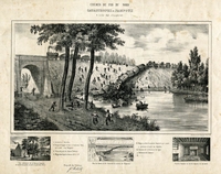 Lithographie noir et blanc montrant un grand dessin et trois vignettes en-dessous. Le titre, en haut, dit "Chemin de fer du Nord, Catastrophe de Fampoux, 8 juillet 1846, 2h 1/2 après midi". L'image du dessous montre le déraillement d'un train tombé dans un plan d'eau. Des voyageurs tentent de s'éloigner des rives, tandis que des personnes s'activent sur terre et sur eau pour secourir des rescapés. La première vignette tout en bas détaille une maison, avec cette légende "vue extérieure de la maison Lemoine où ont été transportés 14 morts et plusieurs blessés". À côté, on voit un croquis annoté du "plan de chemin de fer traversant le marais de Fampoux". Enfin, la dernière vignette représente une pièce vidée de se meubles, qui est une "vue de la chambre où ont été déposés les 14 morts"