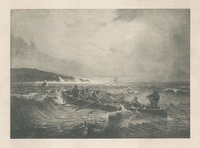 Tableau noir et blanc montrant une barque sur une mer agitée.