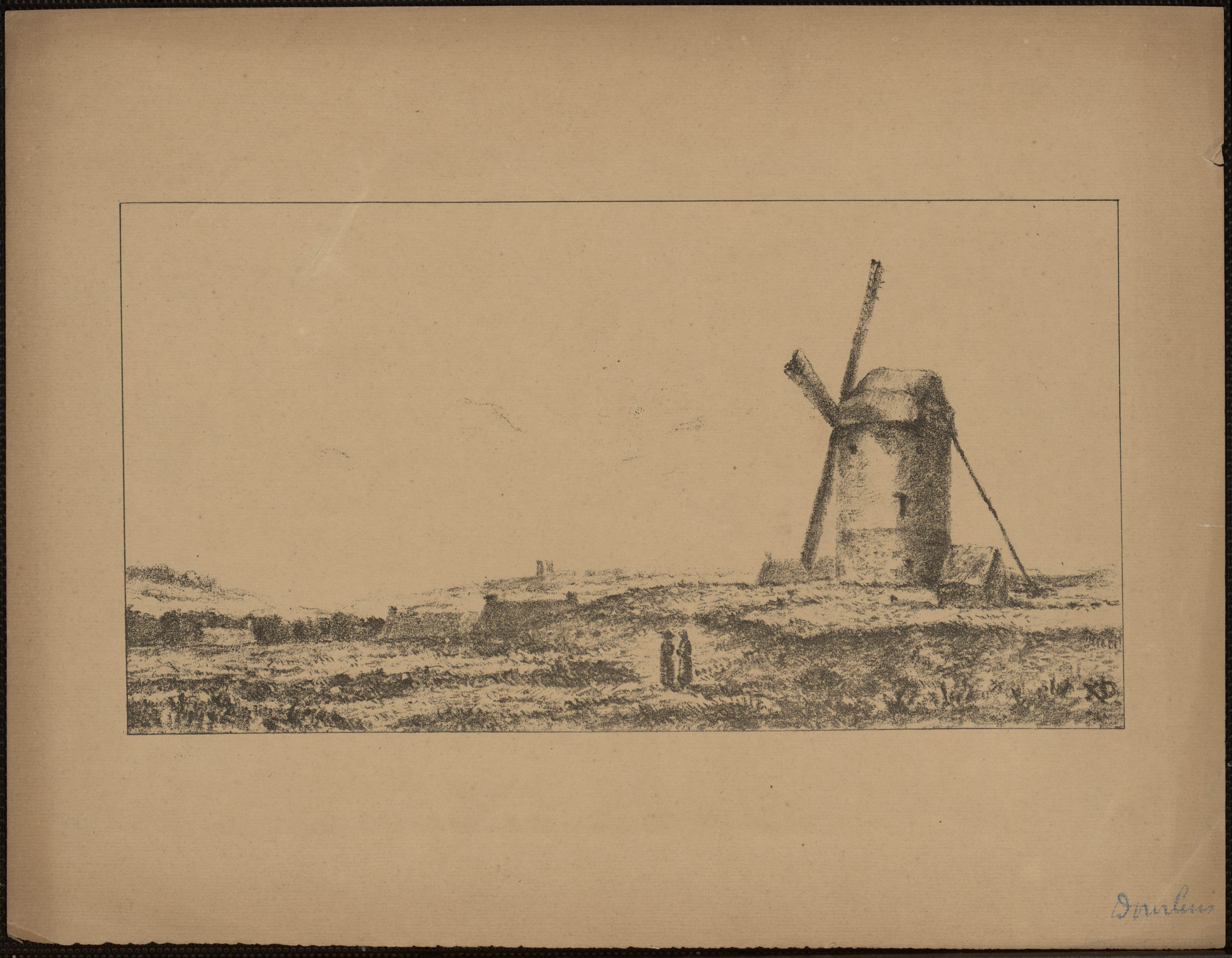 Gravure monochrome montrant un moulin dans une plaine.