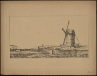 Gravure monochrome montrant un moulin dans une plaine.
