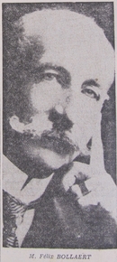 Photographie noir et blanc du visage de Félix Bollaert, orné d'une grande moustache. Le doigt posé sur la joue, il semble méditer.