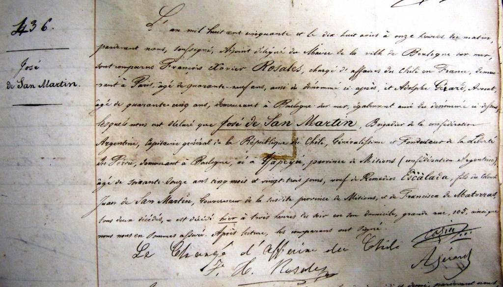 Acte de décès de José de San Martín le 17 août 1850 à Boulogne-sur-mer.