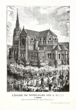 Dessin noir et blanc montrant une procession religieuse devant l'église Notre-Dame-des-Ardents à Arras.