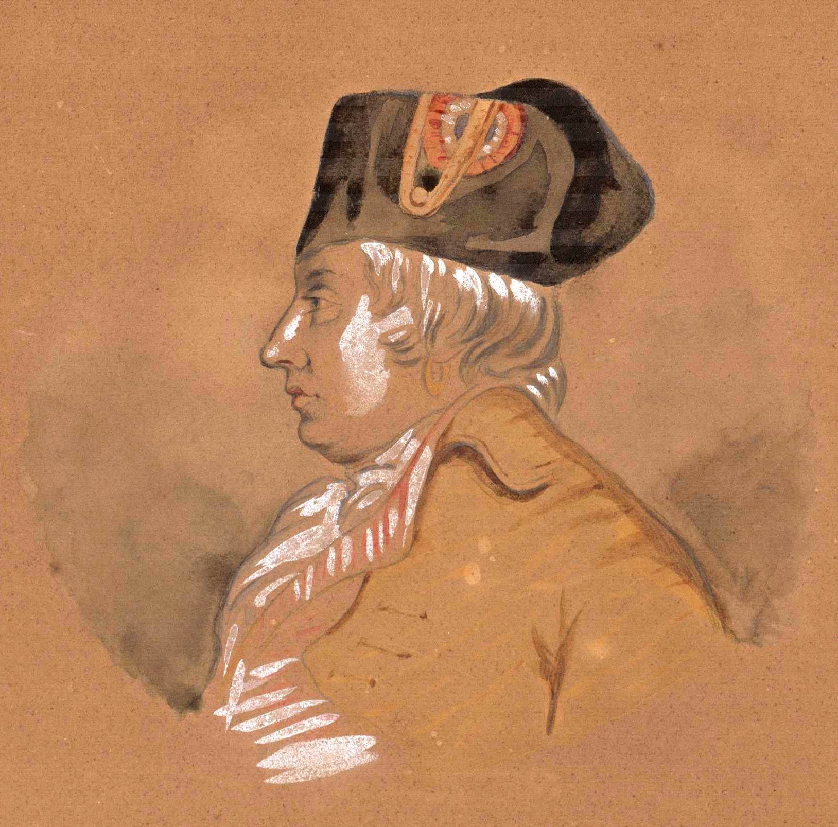Portrait aquarellé de Philippe Lebas, en buste, de profil gauche, coiffé d’un bicorne cocardé.