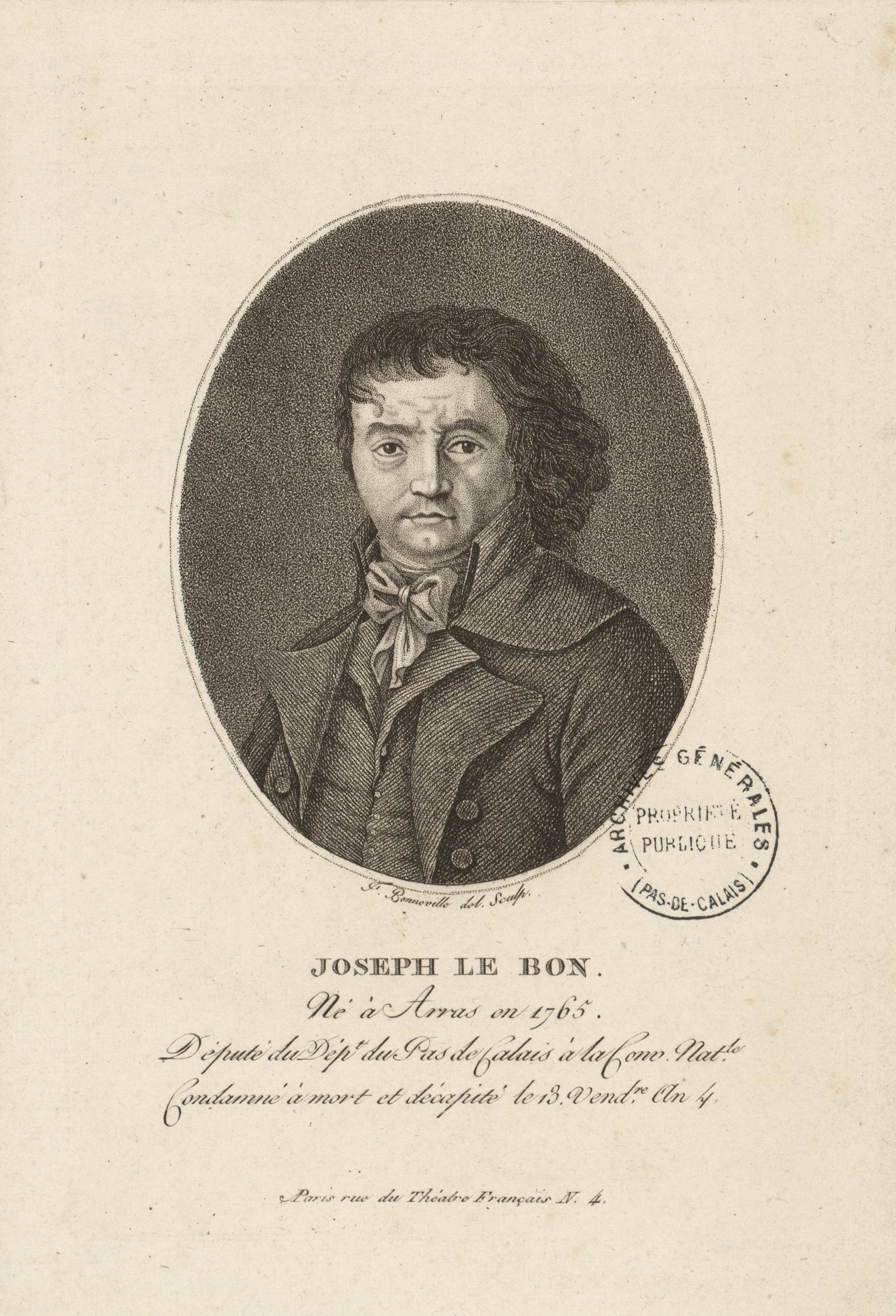 Portait en noir et blanc de Joseph Lebon, en buste, de trois-quarts, à gauche.