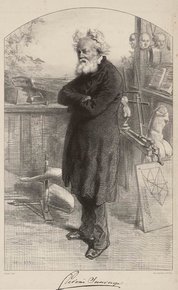 Portrait de Frédéric Sauvage, debout de trois-quarts à gauche. Il a les bras croisés. Cheveux blancs ébouriffés, des deux côtés de la tête, grande barbe blanche. À gauche, à terre, une hélice et, au fond, un modèle de bateau ; à droite, un croquis trigonométrique, le physionotype et des masques.