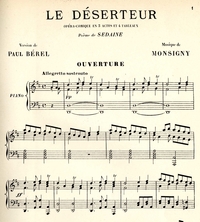 Premières portées d'une partition pour piano. On lit au-dessus "Le Déserteur. Opéra comique en 3 actes et 4 tableaux. Poème de Sedaine. Version de Paul Bérel. Musique de Monsigny. Ouverture. Allegretto sostenuto".