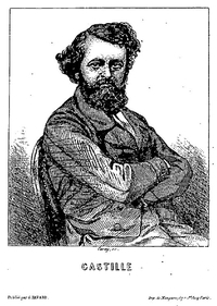 Gravure monochrome montrant un homme barbu assis, bras croisé.