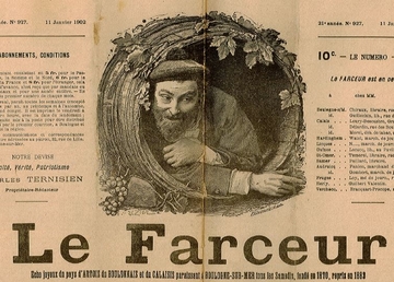 En-tête de journal où l'on voit un homme barbu émerger d'un panier en osier, sous le titre "le farceur". 