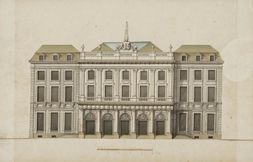 Aquarelle couleur montrant la façade d'un grand bâtiment.