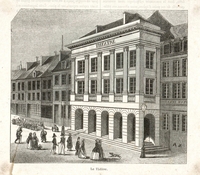 Gravure monochrome montrant une place surplombée par un grand bâtiment.