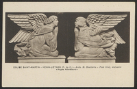 Carte postale noir et blanc montrant deux statues de profil face à face, représentant deux personnages ailés agenouillés en prière.