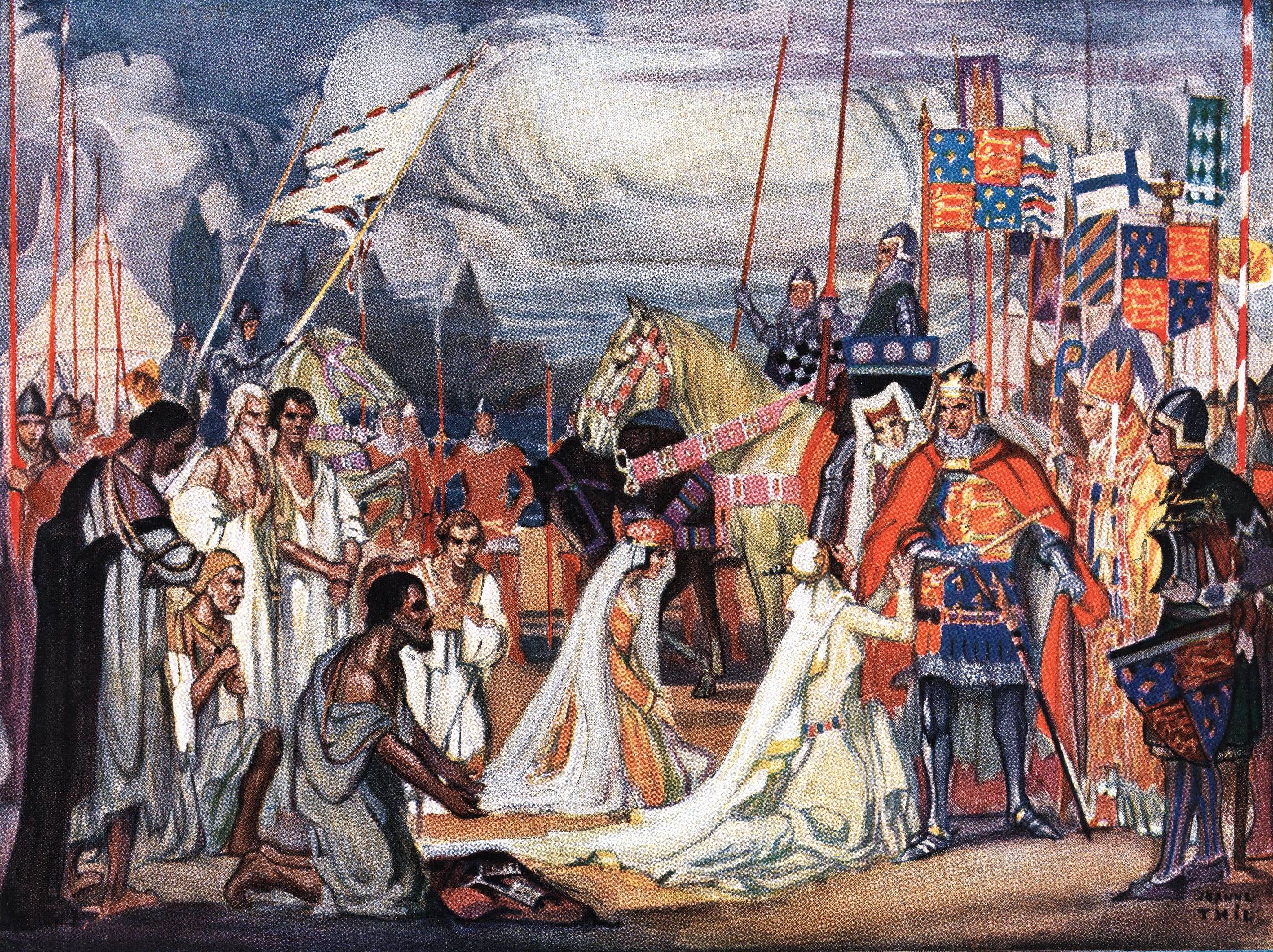 Peinture couleur montrant une scène historique : une femme agenouillée devant un homme en armure, fait face à des hommes enchâinés.