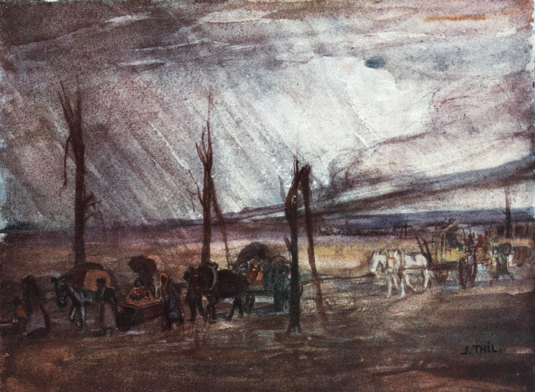 Peinture couleur montrant un convoi dans la campagne, sous une pluie battante.