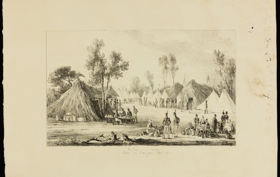Représentation du camp des troupes britanniques au repos. Au premier plan à droite, deux soldats observent une femme assise présentant des produits sur une table, tandis que deux autres s'approchent d'un groupe d'hommes, femmes et enfants, entourés de paniers. Au second plan à gauche, se trouve une grande hutte, devant laquelle sont entreposés quelques tonneaux ; des militaires sont attablés avec des boissons. En arrière-plan, des tentes blanches sont alignées devant des huttes plus grandes. La signature d'Amelia Long apparaît en bas à droite dans l'image et le titre sous le visuel.