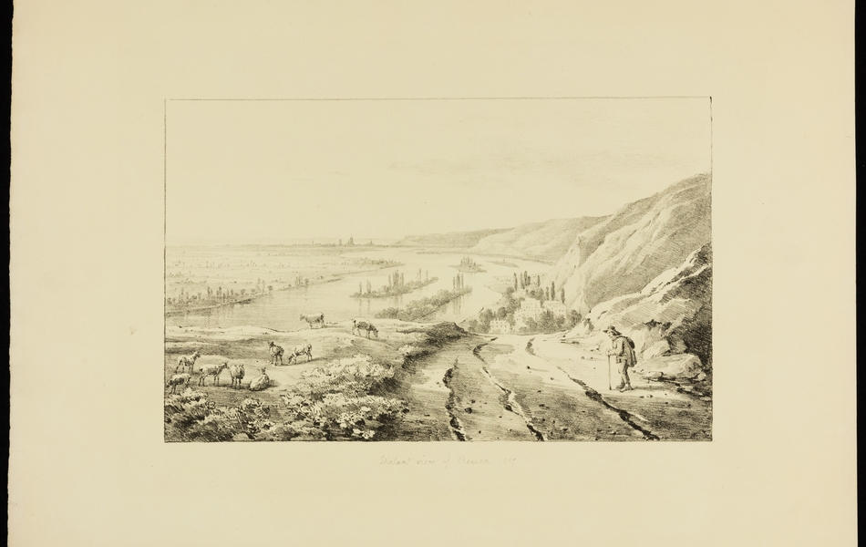 Au premier plan, sur un chemin surplombant la Seine, un berger, tourné vers la gauche, regarde un troupeau de moutons. Au fond, on peut deviner le profil de la ville de Rouen. Pas de signature et le titre est inscrit sous le visuel.