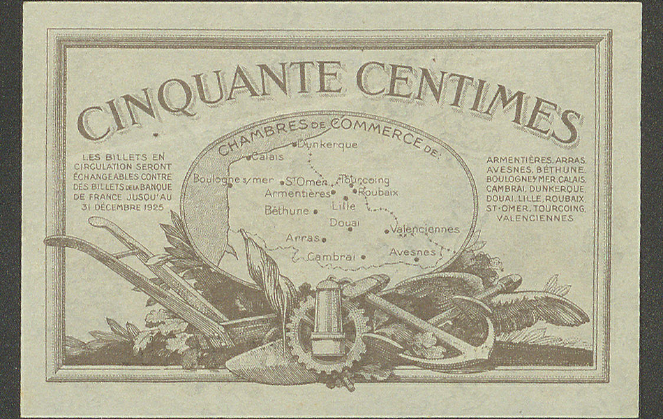 Billet de nécessité illustré d'une carte de la région Nord-Pas-de-Calais et du texte suivant : "Les billets en circulation seront échangeables contre des billets de la banque de France jusqu'au 31 décembre 1925".