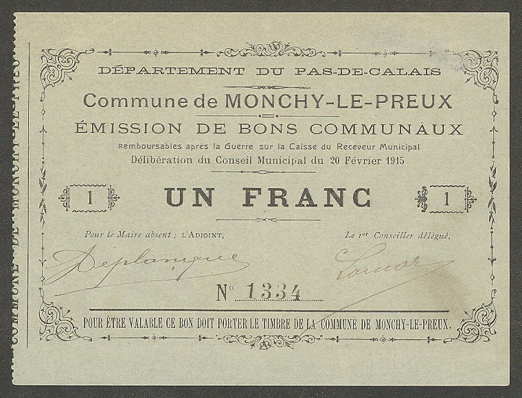 Billet de nécessité d'un franc émis par la commune de Monchy-le-Preux.