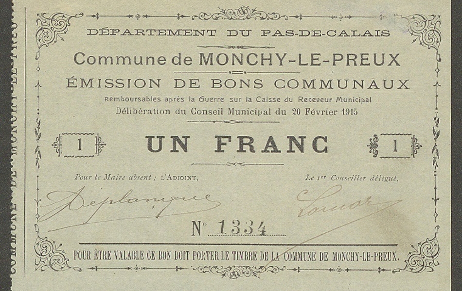 Billet de nécessité d'un franc émis par la commune de Monchy-le-Preux.