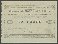 Billet de nécessité d'un franc émis par la commune de Monchy-le-Preux.
