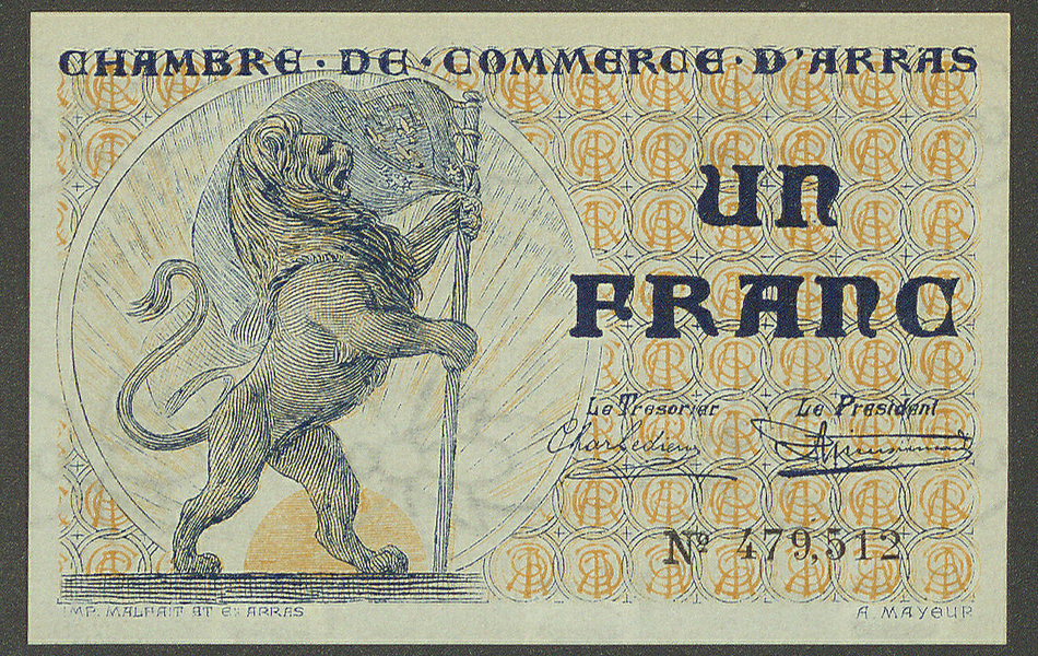 Billet de nécessité d'un franc sur lequel est dessiné un lion tenant un drapeau.