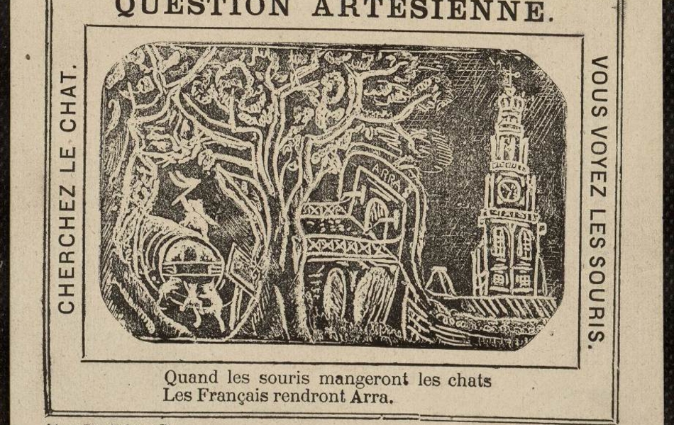 Gravure noir et blanc stylisée où l'on voit pêle-mêle le beffroi d'Arras, un pont-levis, un arbre, des rats et un chat.