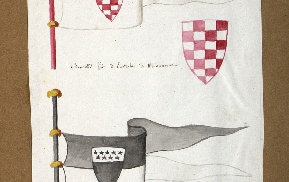 Mât rouge sur lequel est fixé un drapeau blanc et rouge, au centre duquel on voit un écu quadrillé ; à sa droite est représenté un blason aux mêmes couleurs.   En-dessous de ces armoiries se trouve un mât noir sur lequel est fixé un drapeau blanc et noir au centre duquel on voit un écu avec des étoiles dans la partie supérieure ; à sa droite est représenté un blason aux mêmes couleurs.