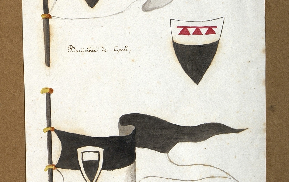 Drapeau blanc et noir avec un écu aux mêmes couleurs, rehaussé de pendants rouges ; à sa droite est représenté un blason aux mêmes couleurs. En-dessous de ces armoiries se trouve un drapeau blanc et noir avec un écu aux mêmes couleurs en son centre ; à sa droite est représenté un blason aux mêmes couleurs.