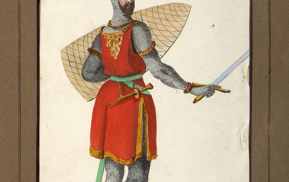 Homme de profil avec le visage de face tenant un bouclier dans la main gauche et une épée dans la main droite.  L'homme est vêtu d'une tunique rouge bordée d'or sur une cotte de mailles et porte des éperons d'or.  Une épée et une glaive sont suspendus à sa ceinture verte.  Il est coiffé d'un heaume d'or avec une plume rose.