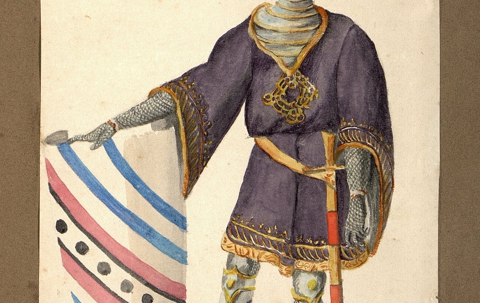 Homme de face avec le visage de profil.  L'homme est vêtu d'une tunique violette bordée d'or sur une armure complète.  Une épée est suspendue à sa ceinture.  Il est coiffé d'un heaume gris avec une grande plume mauve qui recouvre entièrement son visage.