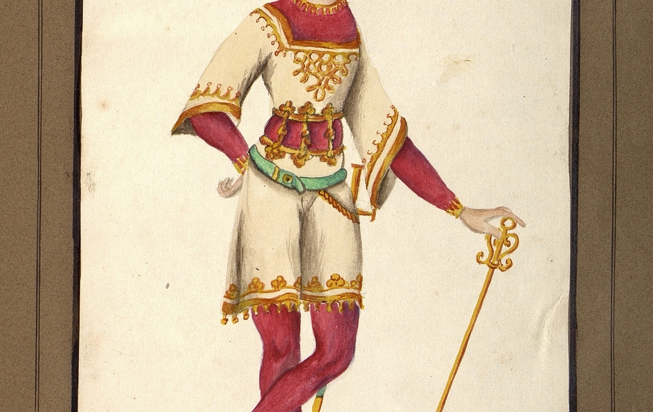 Homme de face avec le visage de profil tenant une grande canne dans la main gauche.  L'homme est vêtu d'une tunique blanche bordée d'or sur des collants rouges et porte des chausses bleus avec des rayures blanches, aux éperons d'or.  Une épée est suspendue à sa ceinture verte.  Il est coiffé d'un chapeau rouge avec une petite plume bleue.