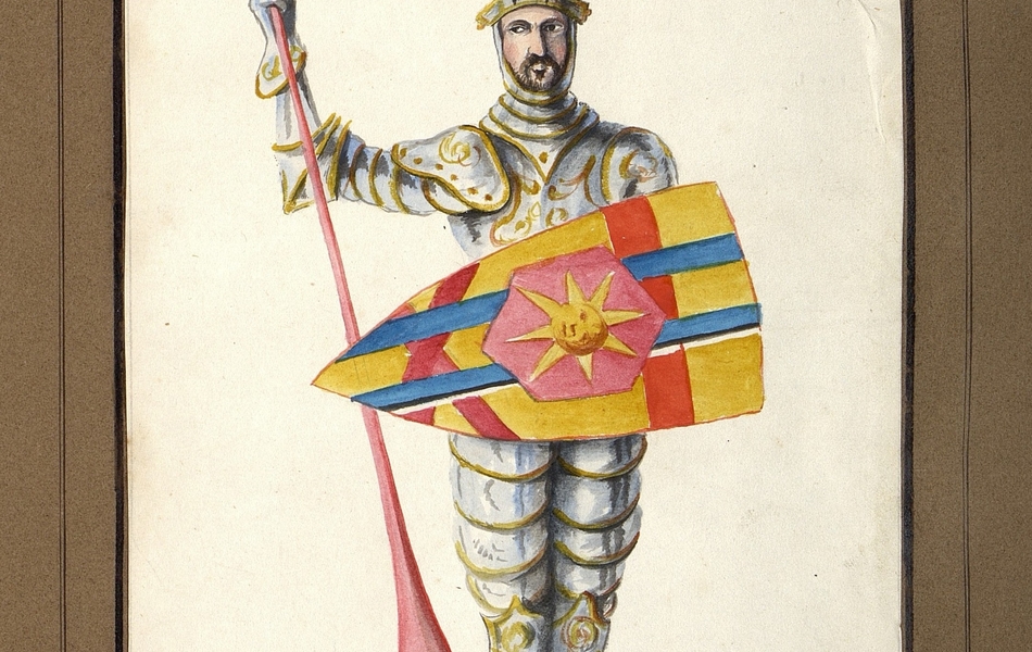Homme de face tenant une lance rose dans la main droite et un bouclier dans la main gauche.  L'homme est vêtu d'une armure complète et il est coiffé d'un heaume gris avec des plumes rose.
