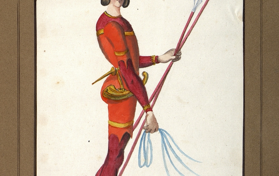 Homme de profil avec le visage de face tenant deux lances dans la main gauche et des laisses de chien dans la main droite.  L'homme est vêtu d'un bliaud orange sur des collants rouges et porte des chausses marrons.  Il est coiffé d'un chapeau jaune.  Un petit poignard et une corne sont suspendus à sa ceinture.