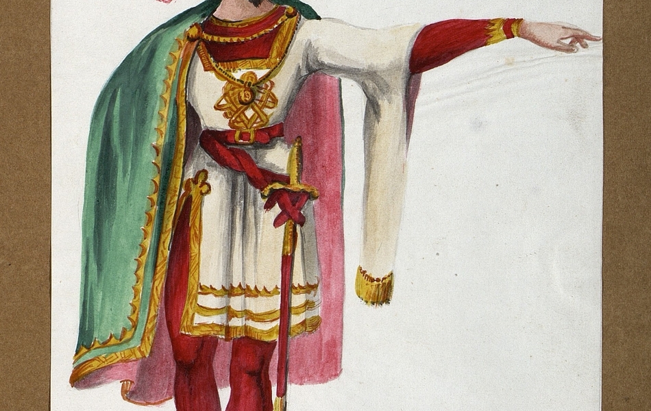 Homme de face avec le visage de profil.  L'homme est vêtu d'une tunique blanche bordée d'or sur des collants rouges et porte des chausses rouges avec des rayeurs jaunes.  Une épée est suspendue à sa ceinture.  Il est coiffé d'un chapeau rouge bordé d'hermine avec une plume rouge. Une cape verte est posée sur une de ses épaules, tandis qu'il tend l'autre bras devant lui.