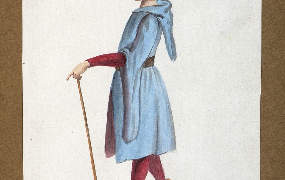Homme de profil appuyé une canne.  L'homme est vêtu d'une robe bleue sur des collants rouges et porte des chausses marrons.  Il est coiffé d'un chapeau vert cerclé de rouge.