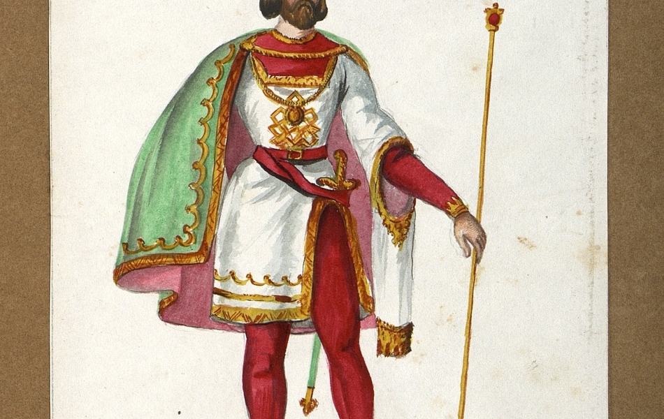 Homme de face tennant un sceptre d'or dans sa main gauche.  L'homme est vêtu d'une riche tunique blanche bordée d'or sur des collants rouges et porte des chausses blanches avec des rayures rouges aux éperons d'or. Une épée est suspendue à sa ceinture.  Il est coiffé d'une couronne d'or avec des pierres précieuses.