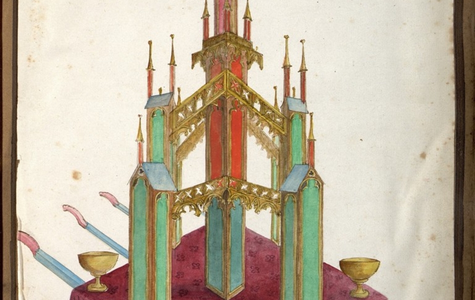 Châsse mobile multicolore destinée à ranger les calices, qui pour l'instant sont exposées devant. Le tout repose sur une couverture pourpre d'où dépassent des poignées pour porteurs.