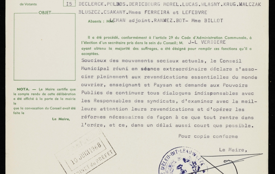 "Soucieux des mouvements sociaux actuels, le Conseil municipal réuni en séance extraordinaire déclare s'associer pleinement aux revendications essentielles du monde ouvrier, enseignant et paysan...".