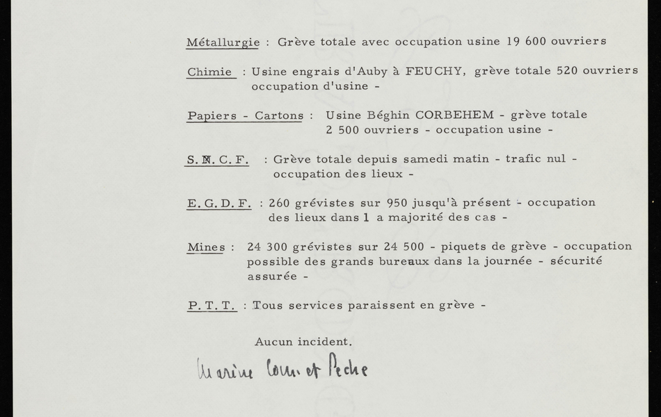 Note : "Message reçu des renseignements généraux le 20 mai 1968 à 8h55mn...".